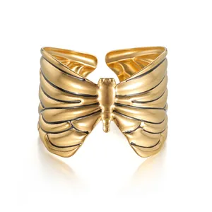 Vintage Stainless Steel Butterfly Wing Texture Open Bangle For Women Gold Plated Adjustable Wide Cuff Bracelet Fashion Jewelry