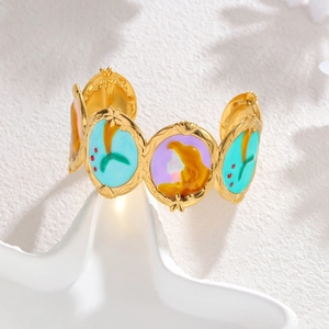 Vintage gold open bangle with colorful marine enamel sea elements and floral embossing