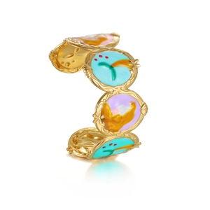 Retro gold open bangle with colorful enamel circles and embossed vintage patterns