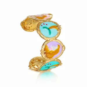 Vintage Stainless Steel Enamel Painted Geometric Cuff Bracelet For Women Luxury Gold Plated Abstract Oval Medallion Jewelry