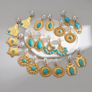 Vintage Bohemian Stainless Steel Turquoise Artificial Pearl Drop Earrings Gold Plated Geometric Sunflower Star Ethnic Jewelry Women
