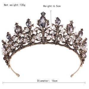 Baroque black crystal bridal crown detailed size showing height 6.5cm and diameter 16cm