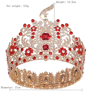 Baroque pageant crown with red crystals showing 14.2cm height and 17cm diameter detail
