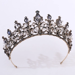 Vintage Baroque black crystal beaded crown with bronze metal vine pattern for weddings