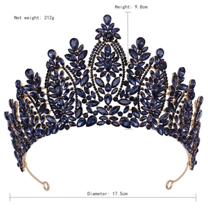 Detailed view of blue crystal tiara dimensions featuring weight and height measurements