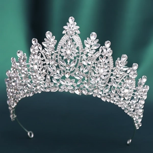 Baroque silver bridal tiara with sparkling crystal leaves and zircon stones