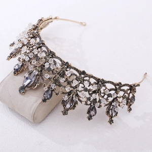 Vintage Baroque black crystal beaded crown in antique gold alloy with gray gemstones