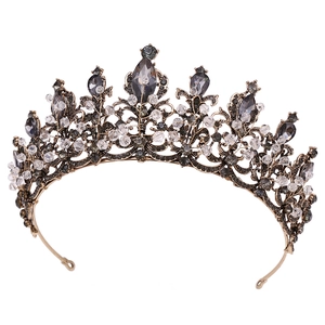 Vintage Baroque Grey Crystal Bridal Crown Antique Gold Alloy Rhinestone Wedding Tiara Hair Accessory For Bride Women