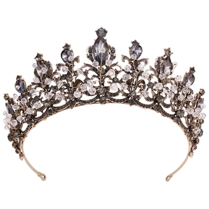 Vintage Baroque bridal tiara with gold frame and large teardrop grey crystals