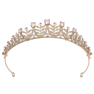 Elegant gold bridal crown featuring symmetrical leaf patterns and sparkling 3A zircons