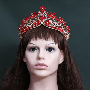Elegant baroque bridal crown with red crystal flowers and gold alloy for weddings