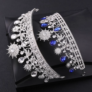 Couronne de mariée baroque en alliage argenté avec strass en cristal bleu