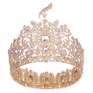 Luxurious gold Baroque pageant crown with dancing figure and sparkling AB rhinestones