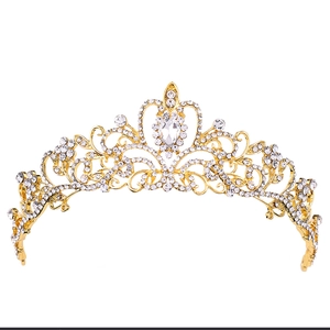 Classic bridal crown in gold finish with sparkling rhinestones and teardrop centerpiece