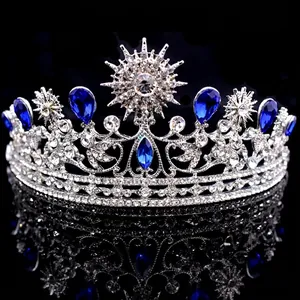 Baroque Couronne de Mariée Alliage Strass Bleu Cristal Étoile Diadème Mariage Fête Luxe Accessoires Cheveux Femme