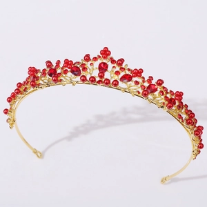 Elegante corona da sposa dorata con strass rossi e perle per gioielli per capelli