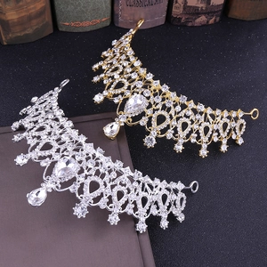 Elegant crystal bridal crown set with gold and silver rhinestone teardrop headpieces