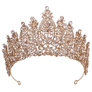 Baroque champagne gold bridal crown with crystal leaf design for weddings and pageants