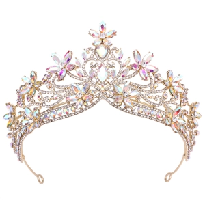 Detailed view of Baroque gold bridal crown featuring crystal flowers and AB rhinestones