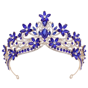 Baroque bridal crown with blue crystals and floral rhinestones on gold metal base