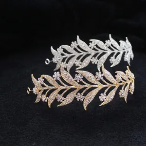 Elegant Alloy Rhinestone Bridal Crown Tiara Flower Leaf Design Wedding Hair Accessories For Women Gold Silver Rose Gold