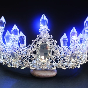 Elegant LED glowing silver bridal crown with crystals and blue lights for party events
