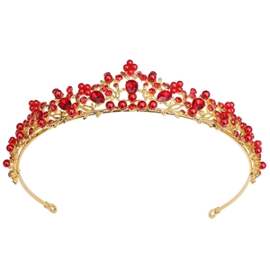 Squisita corona da sposa dorata con strass rossi e perle per matrimoni ed eventi