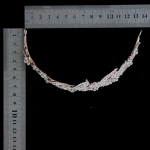 Detailed measurement of the rose gold rhinestone bridal crown showing a 14cm width