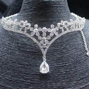 Sparkling silver alloy floral rhinestone tiara choker with a teardrop pendant for women