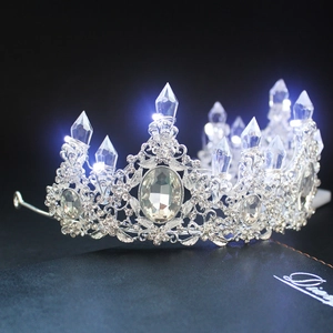 Silver LED crystal crown headpiece with sharp crystal pillars for bridal parties
