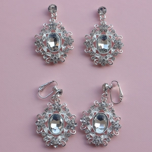 Baroque oval silver earrings with clear crystals for bridal weddings, stud and clip styles