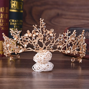 Dettaglio macro della corona da sposa dorata con strass e design a ramo con libellula