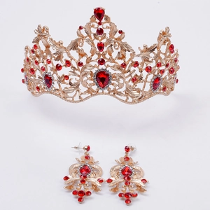 Barok Vintage Goud Legering Strass Bruids Tiara Oorbellen Set Bladpatroon Luxe Bruiloft Banket Sieraden Set Voor Vrouwen