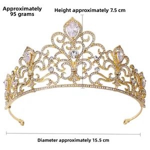 Paramètres de taille détaillés du diadème de mariée doré avec strass et dimensions