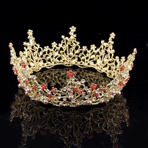 Luxuriöse Barock-Brautkrone in Gold mit roten Kristallblumen und Champagnerperlen