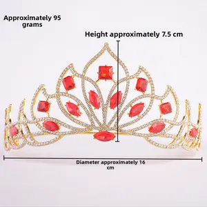 Detail of gold bridal crown with red gems showing 16cm diameter and 7.5cm height