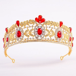 Luxury Baroque bridal crown with vintage gold alloy and red crystal gemstones
