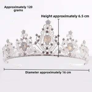 Silver bridal crown with rhinestones and pearls detailing product weight and dimensions