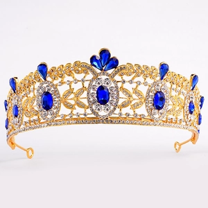 Luxury Baroque bridal tiara with gold alloy, blue crystals, and white rhinestones