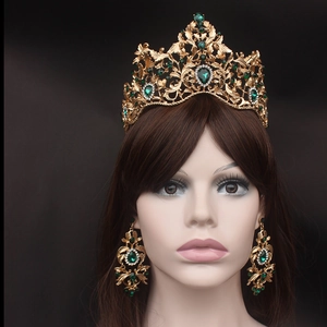 Barokke gouden bruidskroon en smaragdgroene oorbellen set met kristallen voor bruiloften