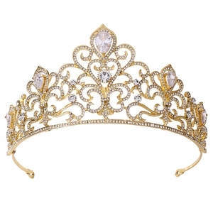 Tiare de mariée dorée élégante avec strass brillants et cristaux de zircone d'eau