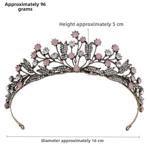 Detail view of retro leaf crown dimensions 16cm diameter and 5cm height with pink rhinestones