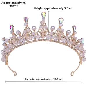 Diadème de mariée doré avec perles et cristaux de 5,6 cm de haut et 15,5 cm de large