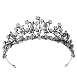 Vintage bridal leaf crown with sparkling rhinestones and opal beads in antique silver finish
