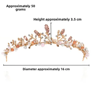 Detail view of handmade rose gold bridal crown with pink crystals, height 3.5cm, width 16cm