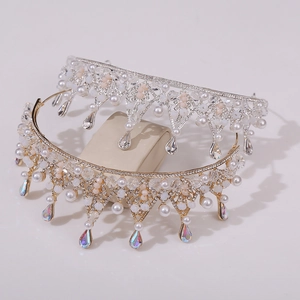 Tiares de mariée élégantes en or et argent avec perles blanches et pendentifs en cristal
