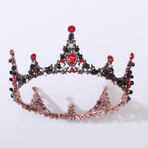 Baroque bridal round crown with red teardrop crystal and antique bronze alloy base