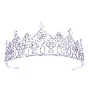 Elegant silver bridal crown tiara with sparkling pear-cut cubic zirconia and flower patterns