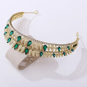 Vintage Baroque gold tiara featuring emerald green waterdrop crystals and rhinestones