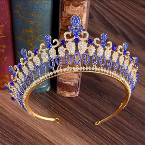 Baroque gold crown for brides featuring deep blue and clear sparkling rhinestones